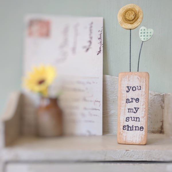 Clay Sunshine in a Wood Block 'You are my Sunshine'