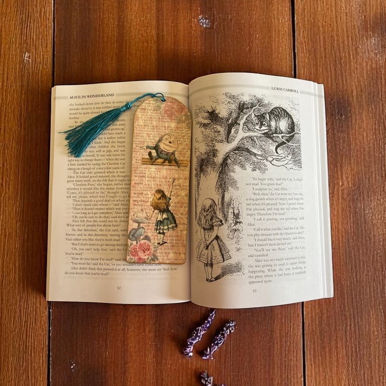 Bookmark, wooden decoupage bookmark, humpty dumpty and alice in wonderland