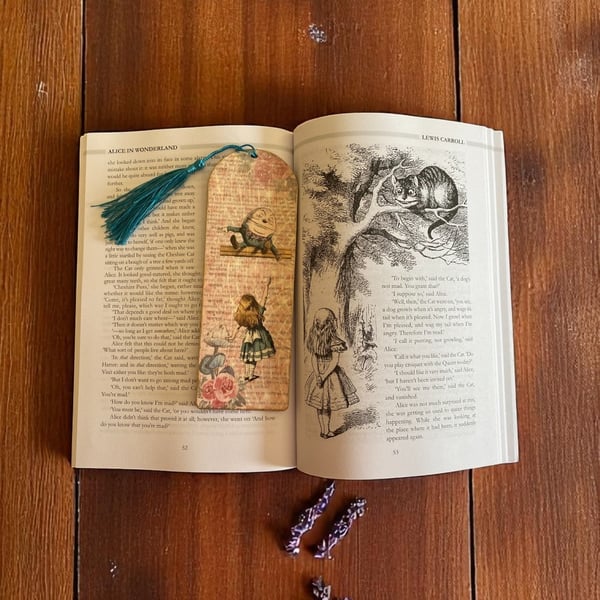 Bookmark, wooden decoupage bookmark, humpty dumpty and alice in wonderland