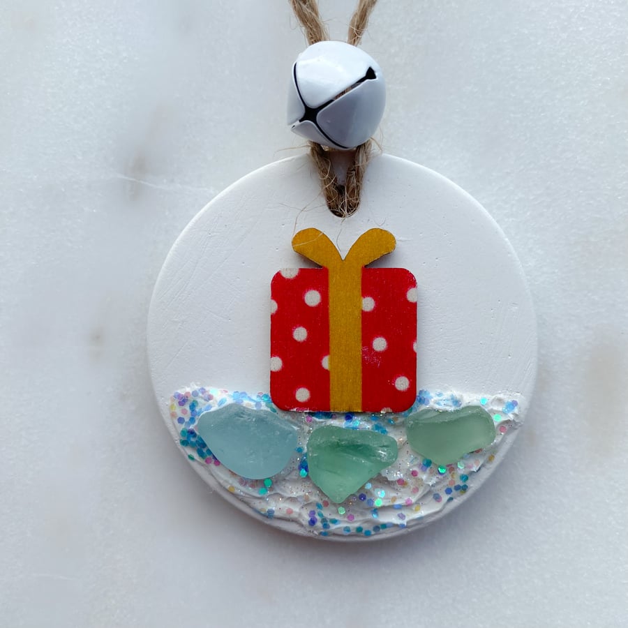 Ceramic Christmas tree decoration with Cornwall sea glass 