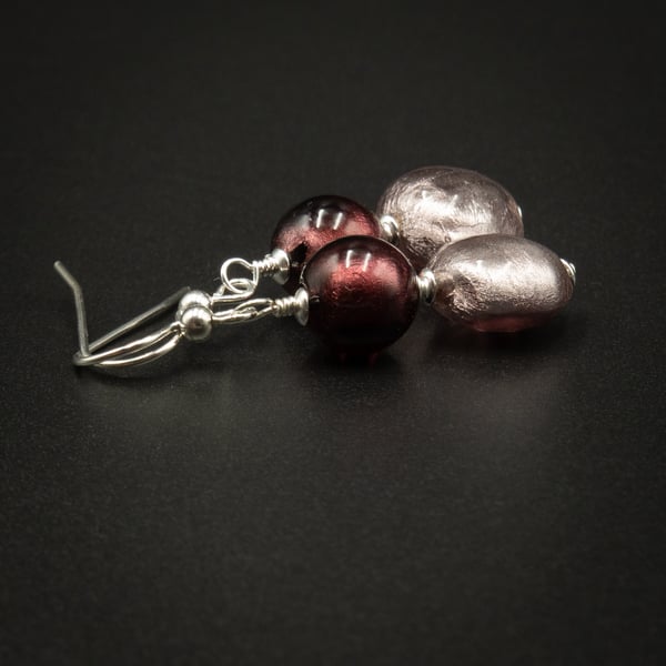 Murano 2 tone plum pink sterling silver Venetian glass handmade drop earrings