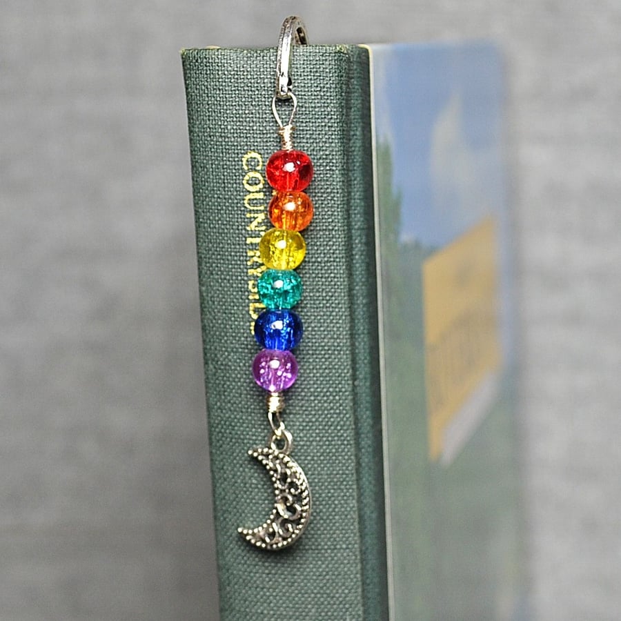 Patterned Metal Bookmark with Rainbow Crackle Glass and Crescent Moon Charm