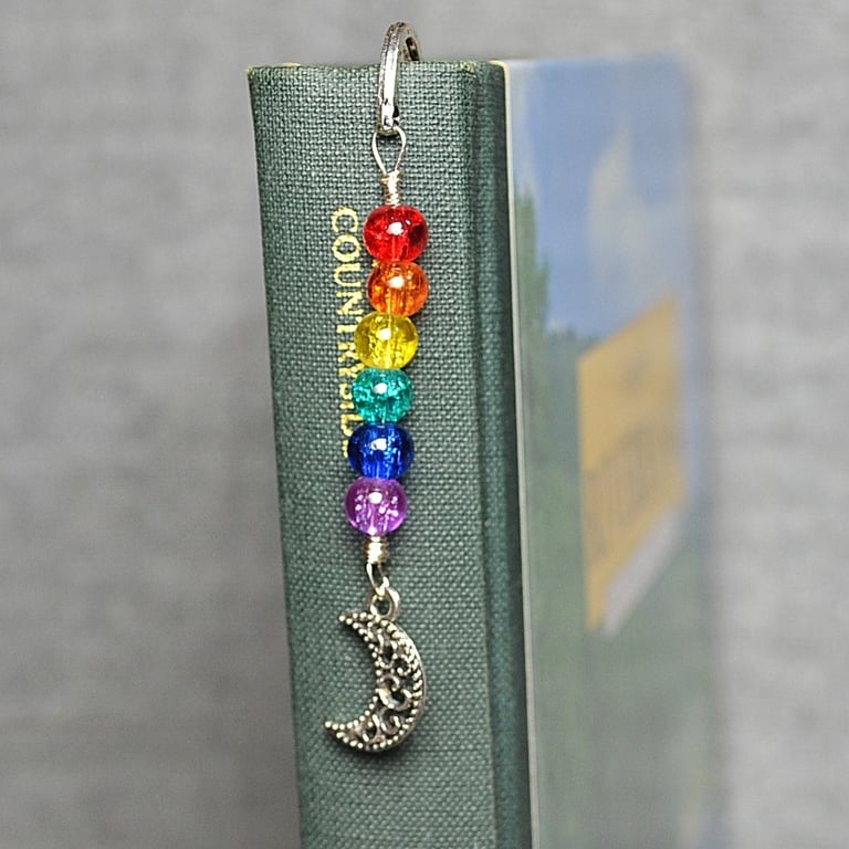 Patterned Metal Bookmark with Rainbow Crackle Glass and Crescent Moon Charm