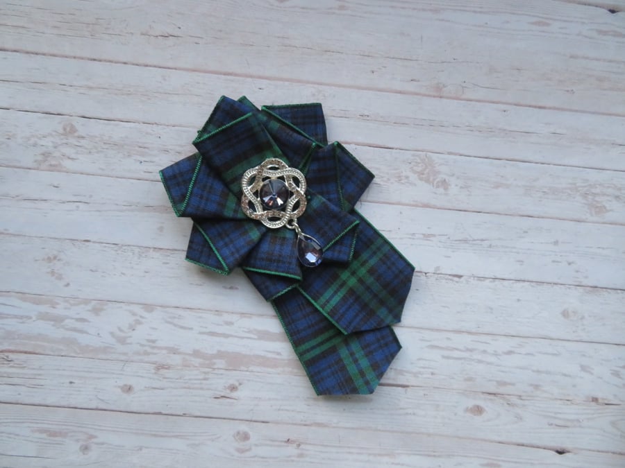 Black Watch Tartan Ruffle Rosette and Navy Crystal Brooch Pin 