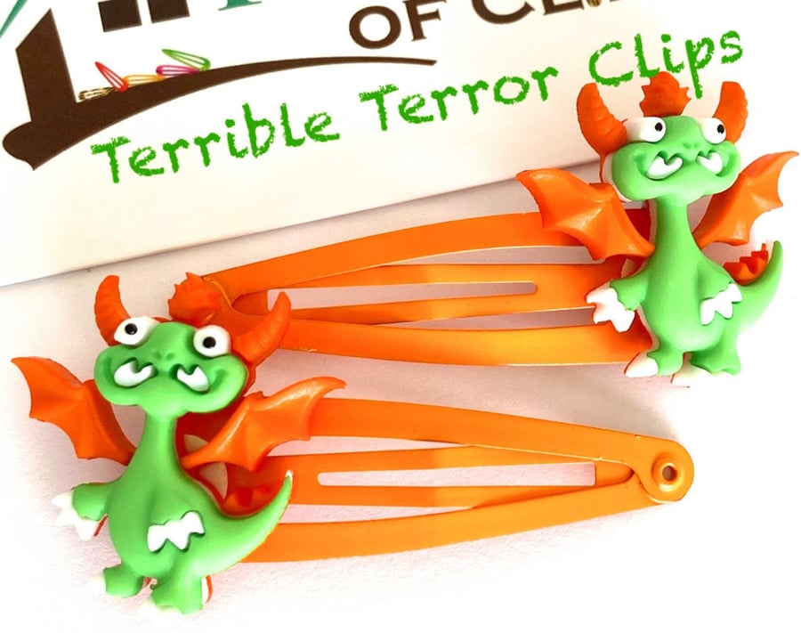 Terrible Terror Dragon Hair Clips x2 - Dragon Snap Clip - Boys Dragon Clips - Dr