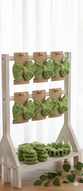 Handmade Green Crochet Bow Hair Clip - Sage Bow Accessory - Boho