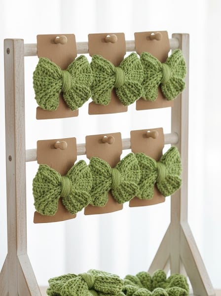 Handmade Green Crochet Bow Hair Clip - Sage Bow Accessory - Boho