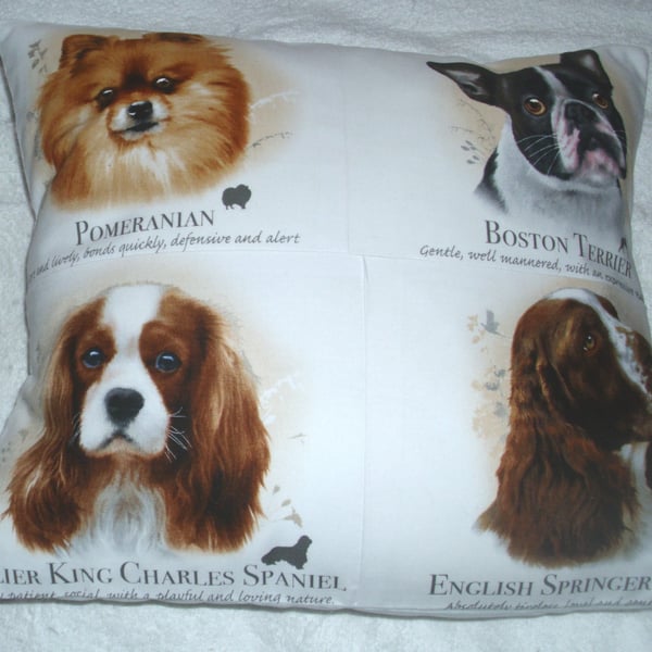 Pomeranian, Boston Terrier, King Charles spaniel and Springer portrait cushion