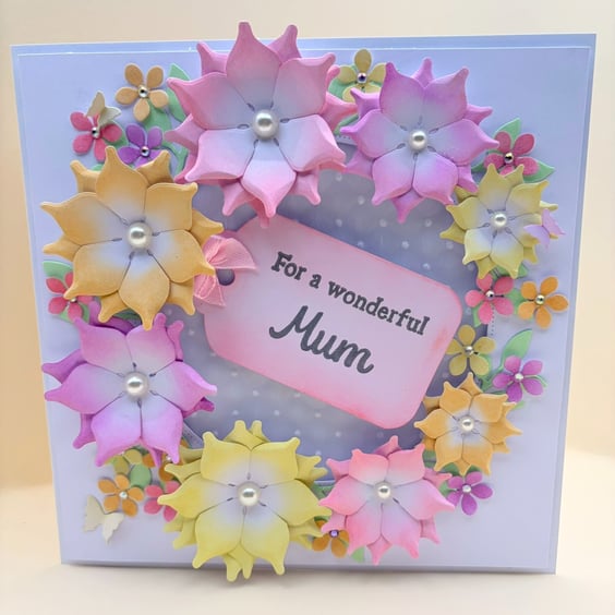 Mother's Day Card for Mum - Luxury 3D Floral Wreath, Gift Boxed Handmade. 