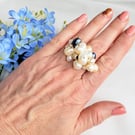 Adjustable Freshwater Pearl Ring Swarovski Crystals Silver Plated Ring