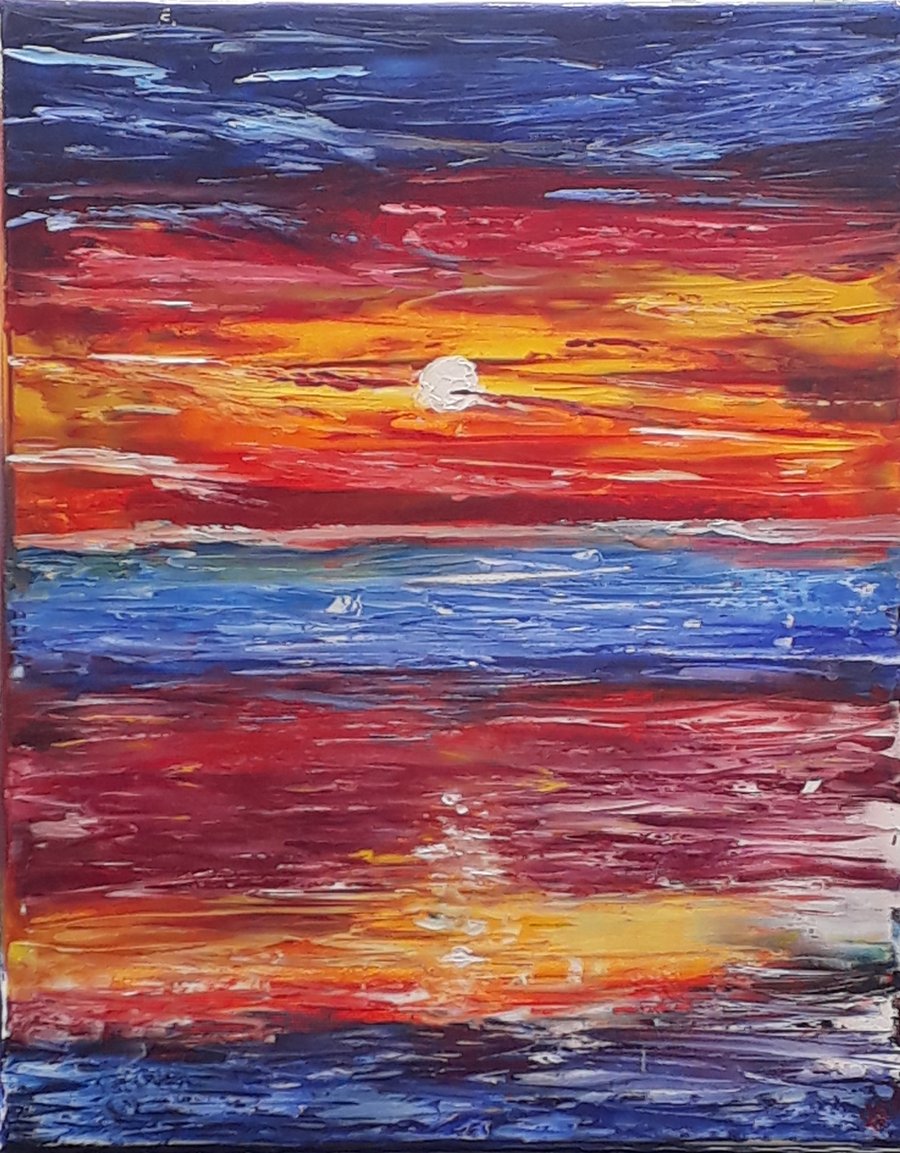Original abstract oil painting - Sunset over sea - portrait orientation - Folksy
