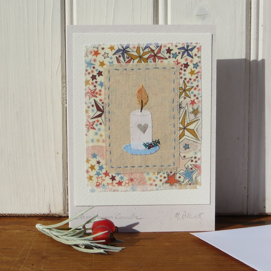 Christmas Candle hand-stitched miniature on recycled card, detailed and unique