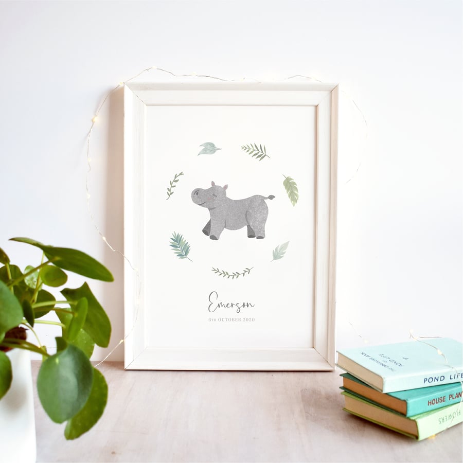Hippo Personalised Nursery Name Print