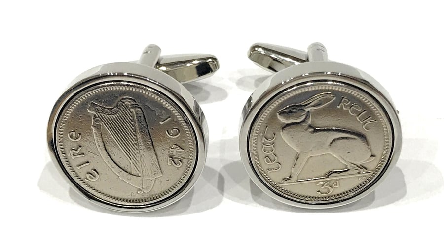 1942 Irish Threepence coin cufflinks - Great gift idea 1942 irish threepence