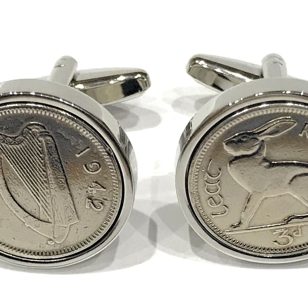 1942 Irish Threepence coin cufflinks - Great gift idea 1942 irish threepence