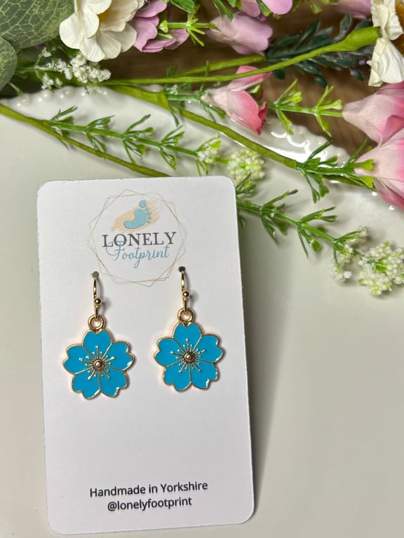 Blue Flower Earrings, Floral Charms, Handmade Jewellery 