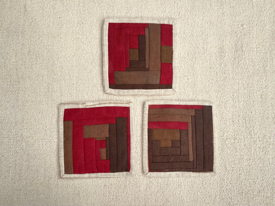 Log Cabin Fabric Coasters, Set of 3 - brown, red