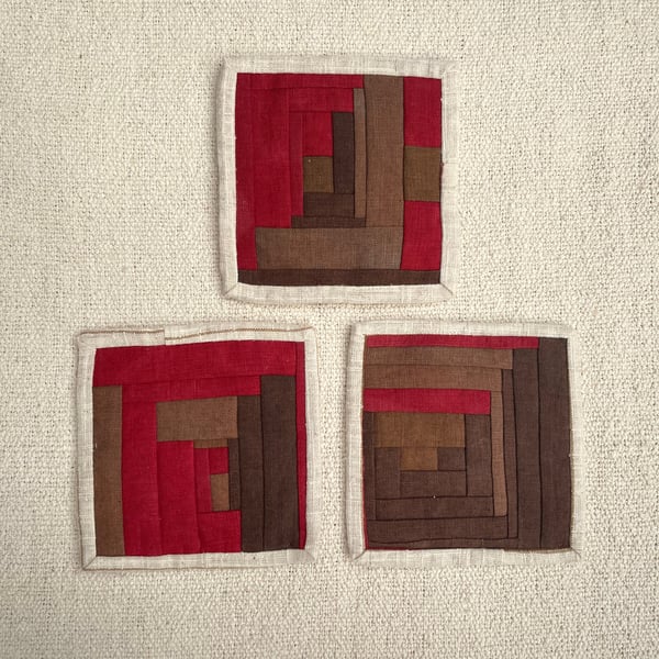 Log Cabin Fabric Coasters, Set of 3 - brown, red