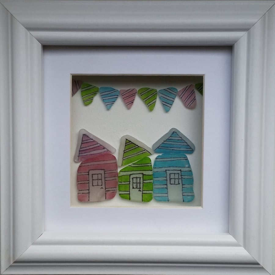 Sea Glass Beach Huts and Bunting, Unusual Gift Framed Wall Art Unique Gift