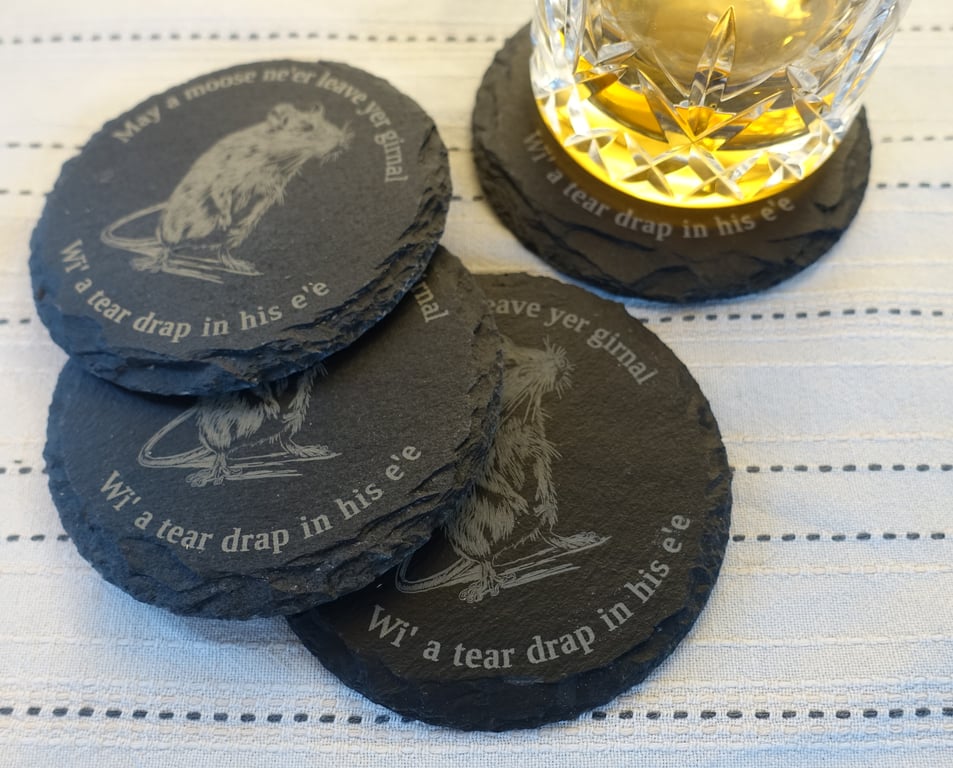 Set of 4 slate coasters, engraved with Scottish toast and hungry mouse