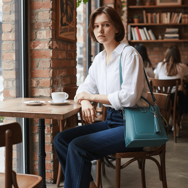 NoMoo Trapeze Handbag With Handle And Shoulder Strap, PU Leather Hand Stitched