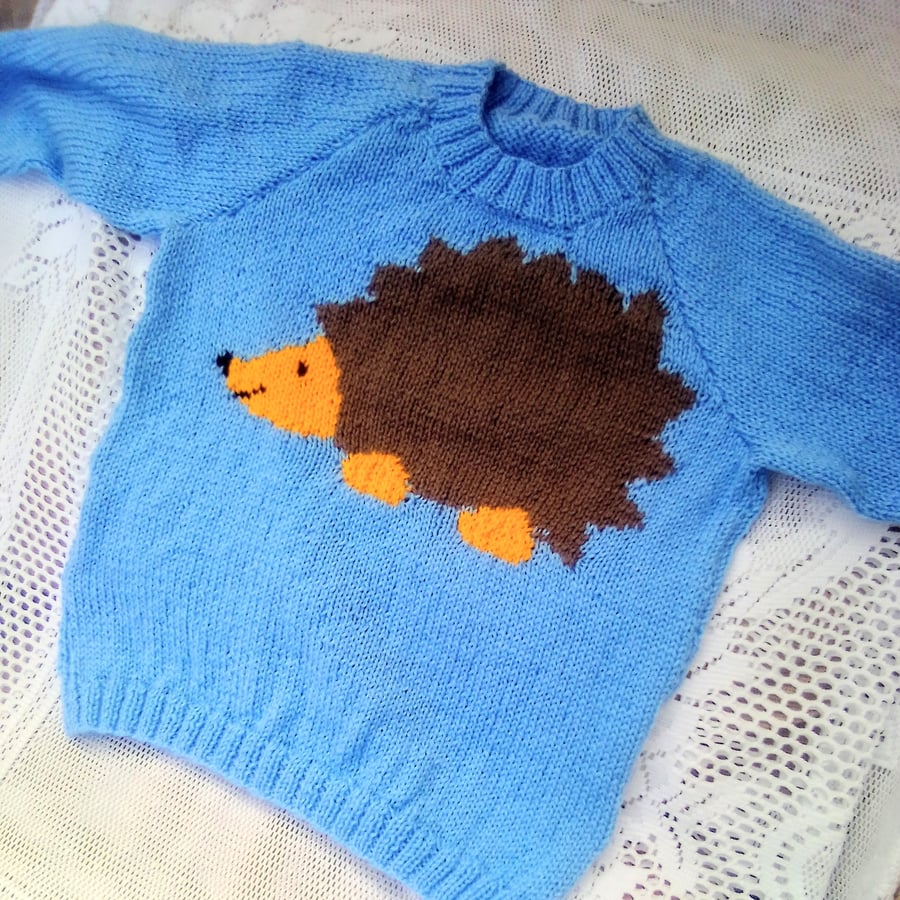 Knitted Jumper with Hedgehog Motif for Babies and Children up to 6, Baby Gift 