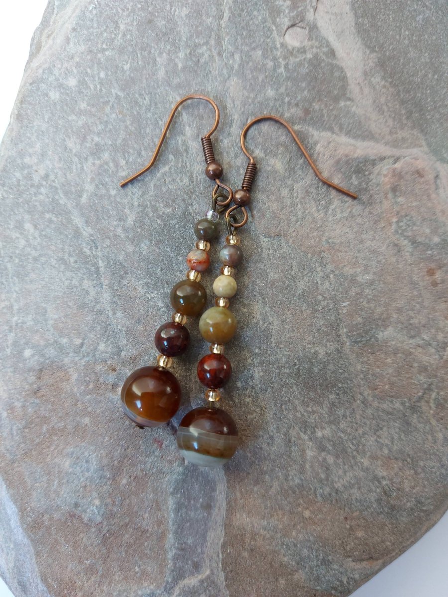 Gemstone Drop earrings, Autumn colours, Banded agate, Indian agates, seed beads