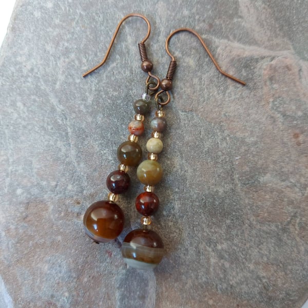 Gemstone Drop earrings, Autumn colours, Banded agate, Indian agates, seed beads