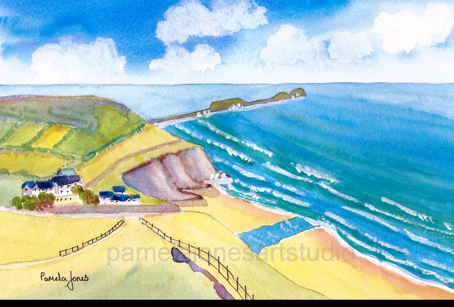 Worms Head, Rhossili Bay, Gower, An Original Watercolour, in 14 x 11'' Mount