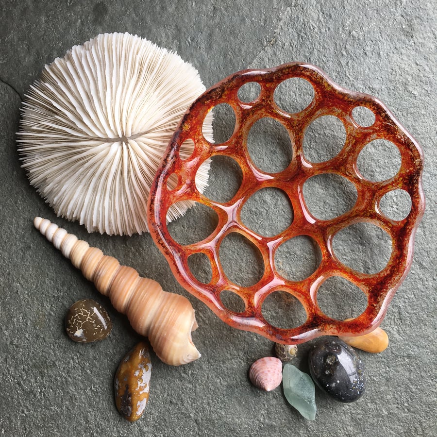 Fused Glass Lotus Seed head bowl - burnt orange, organic form , fused glass