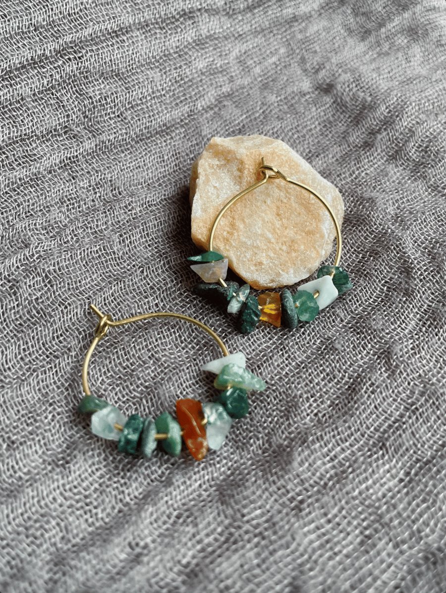 Hoop earrings with natural agate stones, gift for her