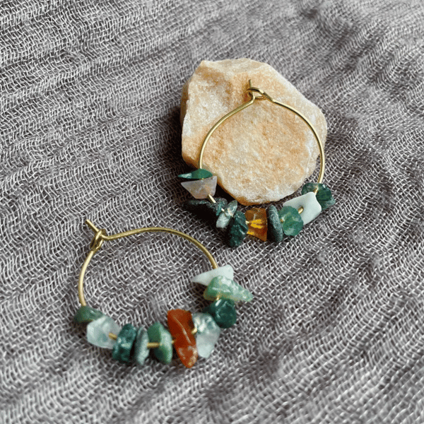 Hoop earrings with natural agate stones, gift for her