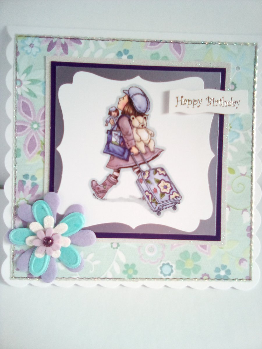 Turquoise and pale purple papercraft female birthday card, with paper flower