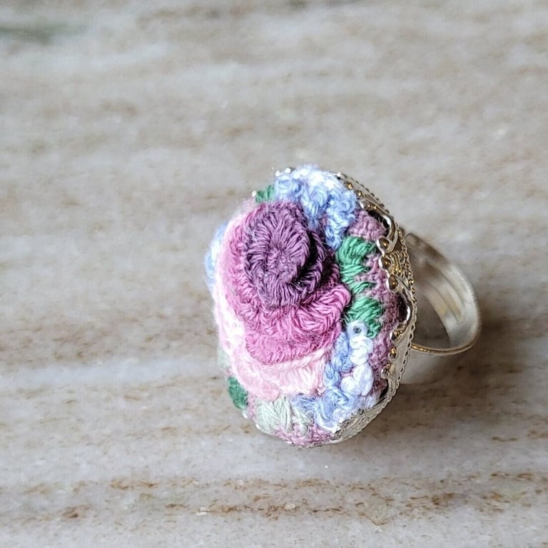 adjustable ring, vintage roses,  hand embroidered,  handmade floral gifts 