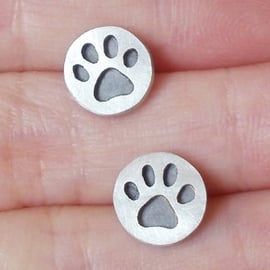 pawprint earring studs, oxidized paw print in sterling silver