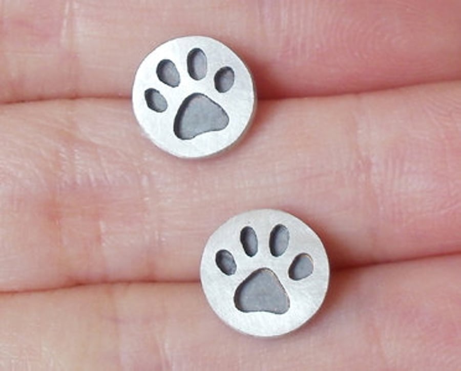 pawprint earring studs, oxidized paw print in sterling silver