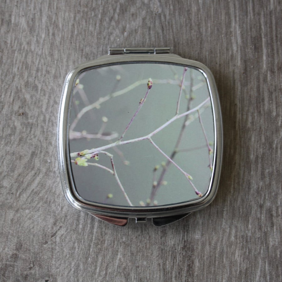Compact mirror - pocket mirror - sage green branch print.