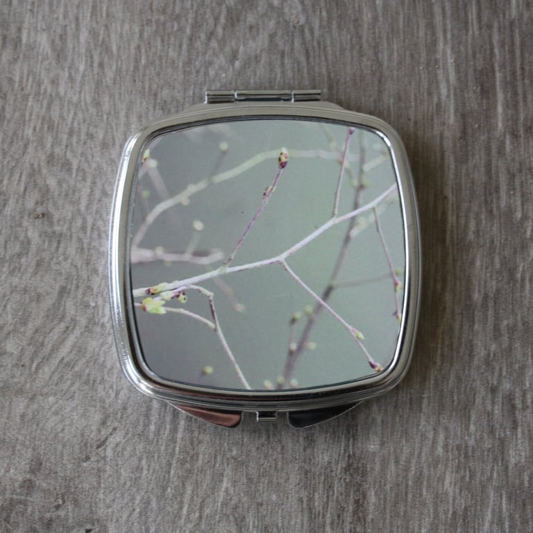 Compact mirror - pocket mirror - sage green branch print.