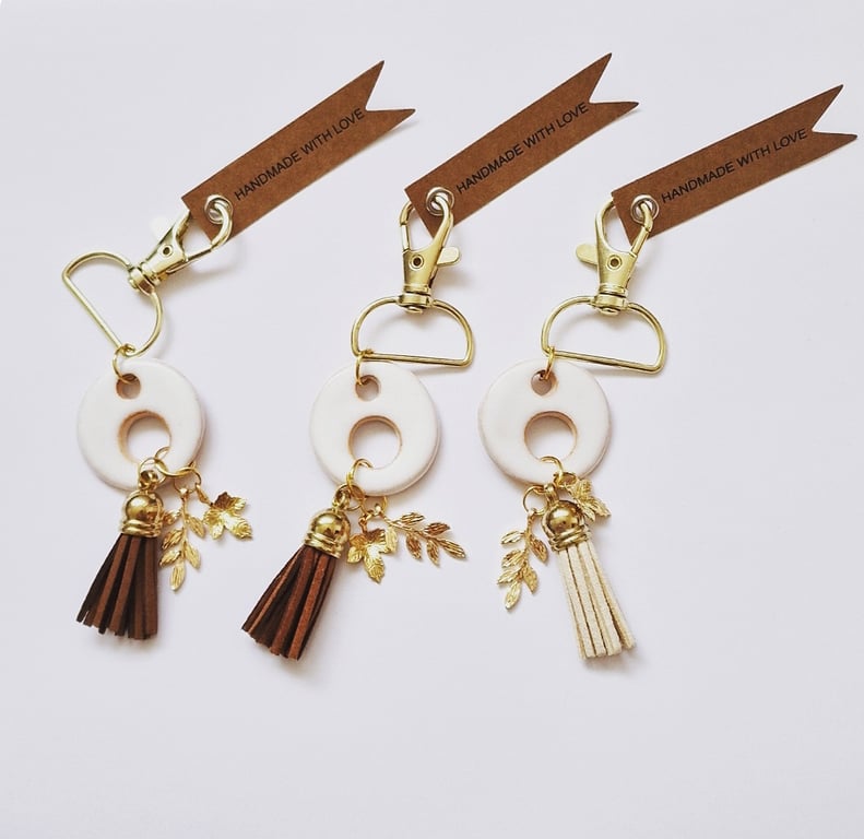 Handmade Ceramic Keyring with Golden Leaves