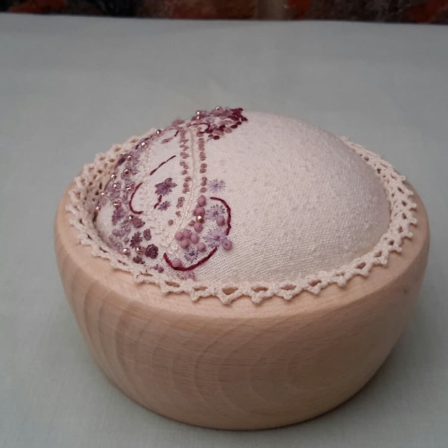 Hand Embroidered Cupcake Pincushion, Hand sewn wooden bowl pincushion