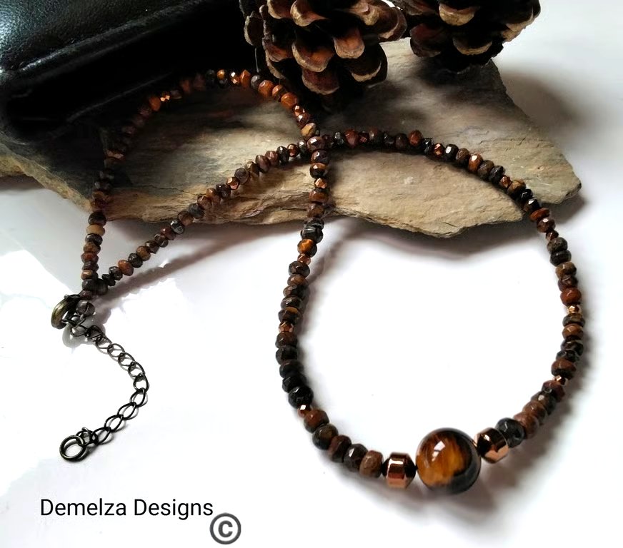 Genuine Yellow Tigers Eye & Heamotite Copper Tone Necklace