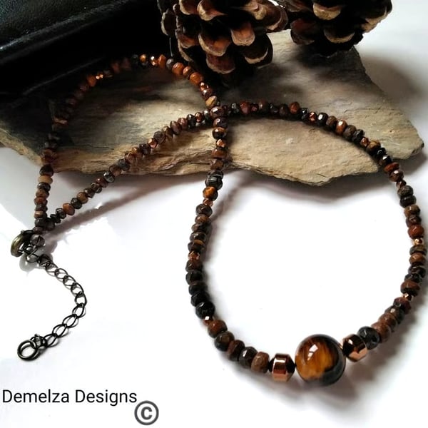 Genuine Yellow Tigers Eye & Heamotite Copper Tone Necklace