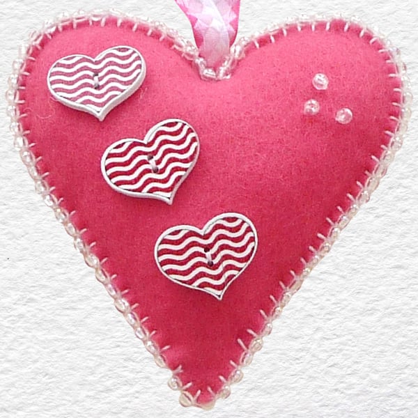 Beaded Felt Heart Ornament 4” (10cm) Pink with Striped Button Hearts