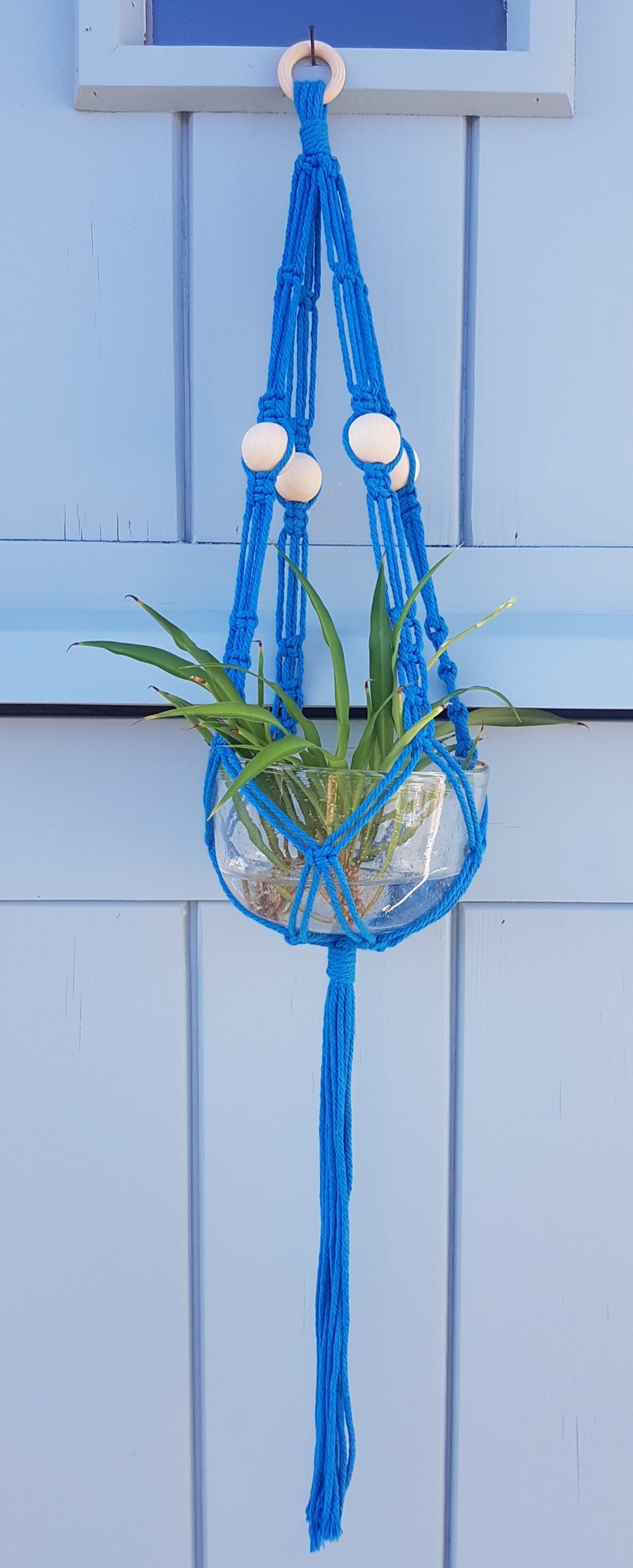 Seconds Sunday blue macramé plant holder hanging basket with wooden beads