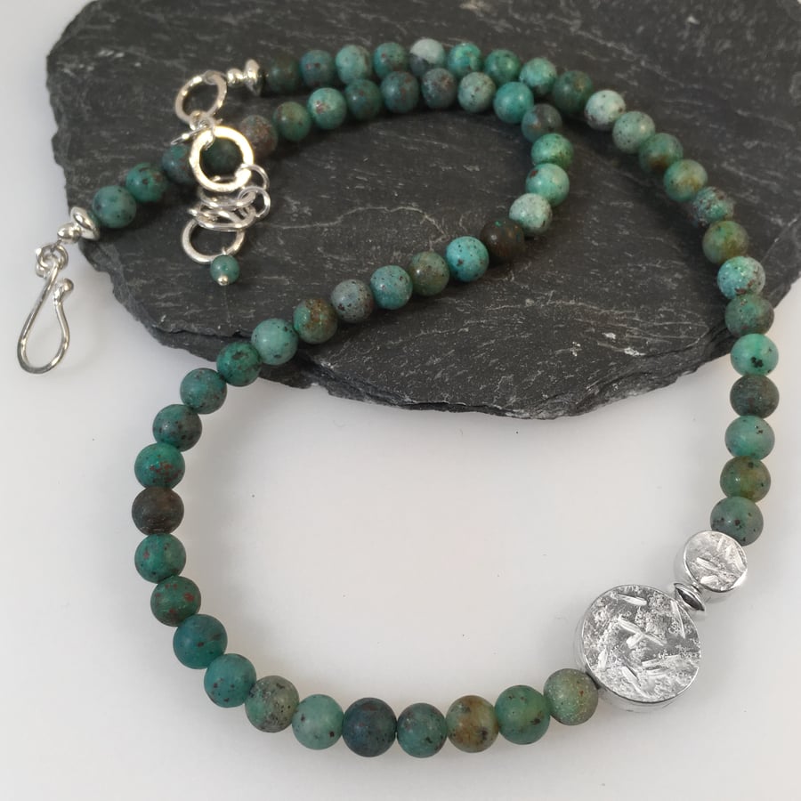 Sterling silver and blue green chrysocolla bead necklace