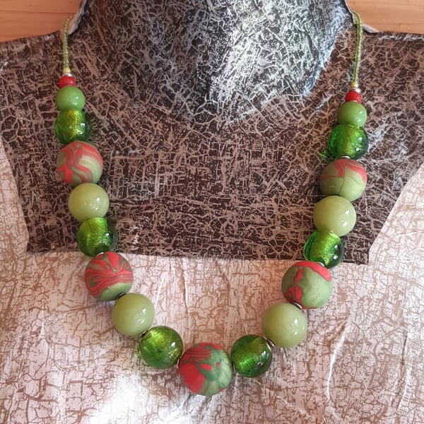 Unusual apple green and poppy red necklace