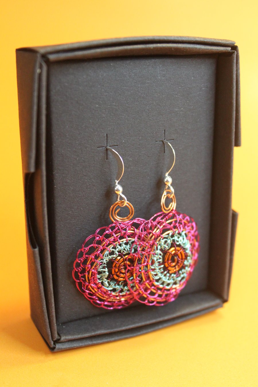 Blue, pink & copper disc earrings from recycled materials