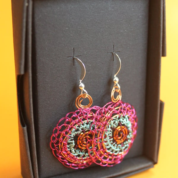 Blue, pink & copper disc earrings from recycled materials
