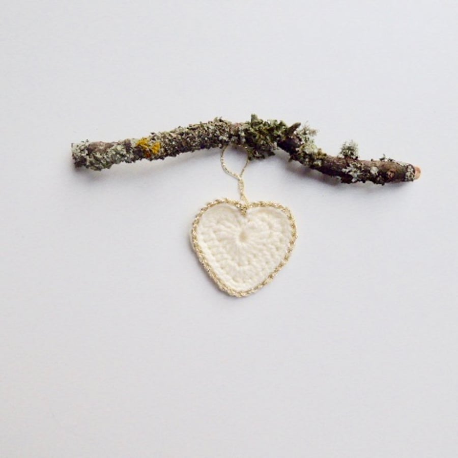 Crochet heart, Christmas heart decoration, tree decoration, cream and gold heart