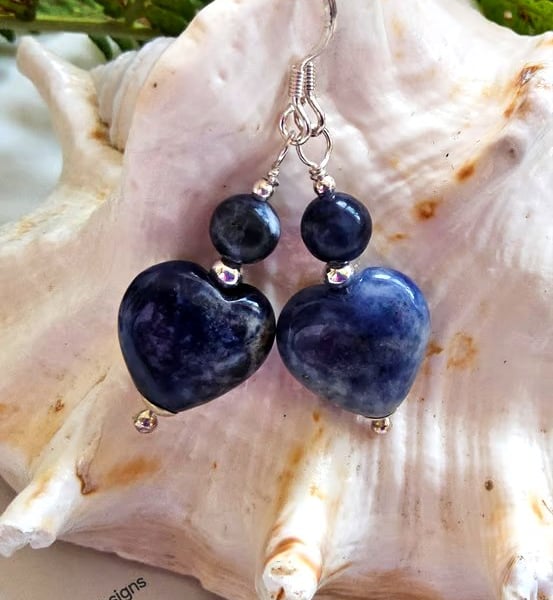 Blue Sodalite Heart Sterling Silver Earrings